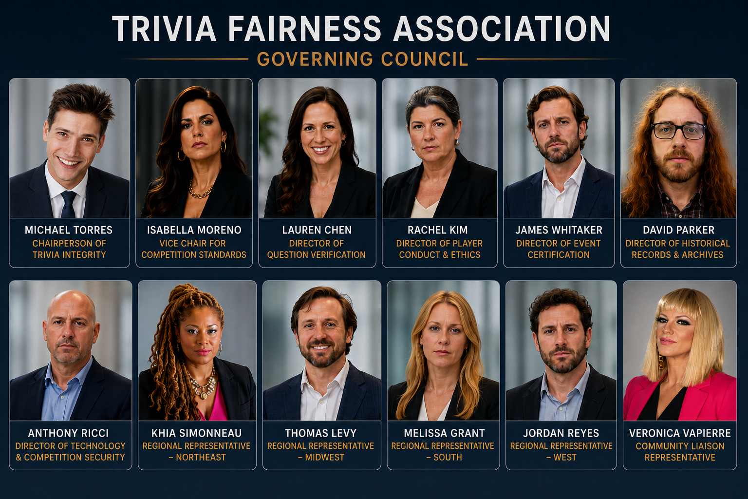 Trivia Fairness Association Governing Council board showing council members and their positions