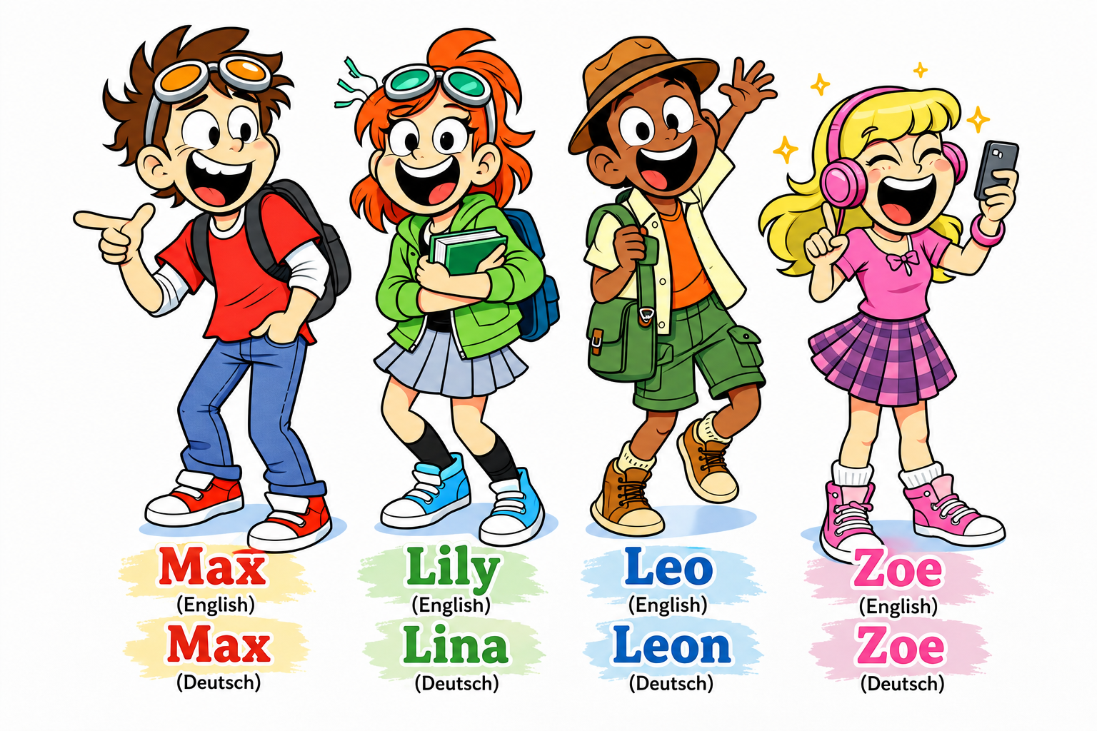 Promotional character art showing Max, Lily, Leo, and Zoe with English and German name labels for The Trivia Explorers localization update